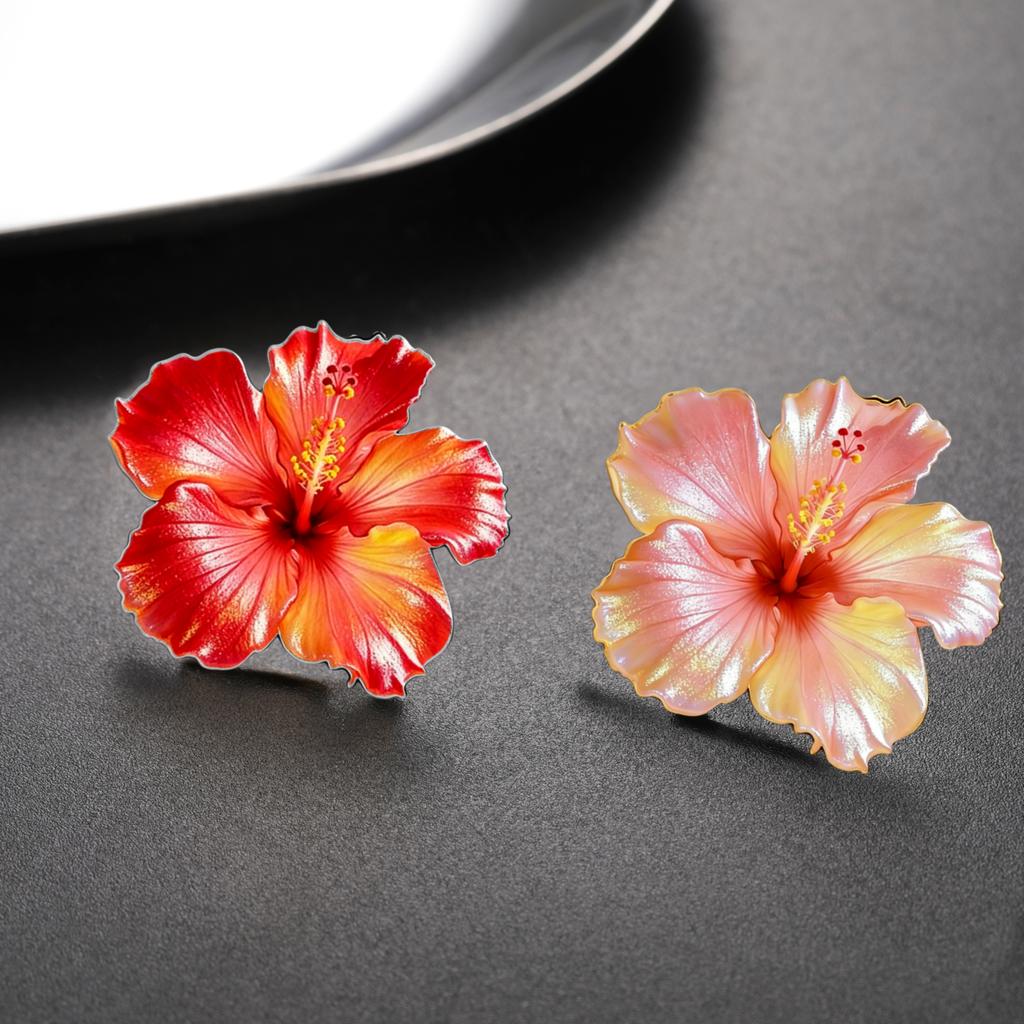Stainless Steel Red Hibiscus Flower Pin Jewelry Stainless Steel Pink Hibiscus Flower Brooch for Women Birthday Gift