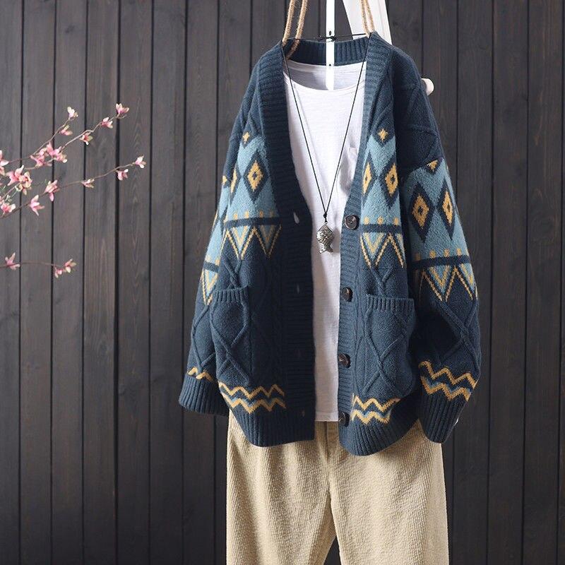 2021 Knitted Cardigan Sweater Retro Soft Top New Loose Casual Embroidery Buttoned Long-sleeved