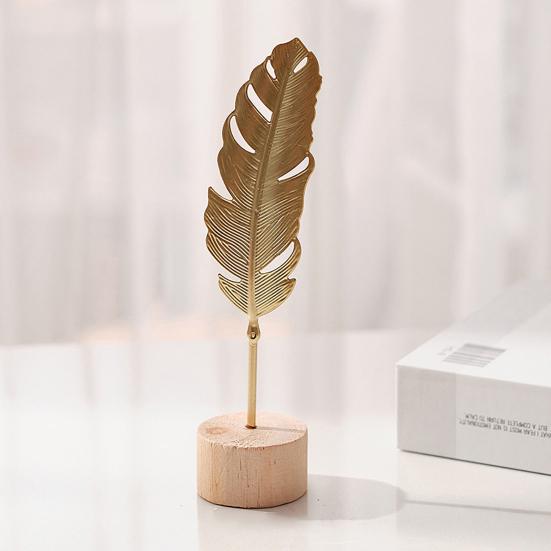 Golden Ginkgo Leaf Decoration with Wood Base Metal Feather Leaves Snowflake Figurine Statue Sculpture Home Office Living