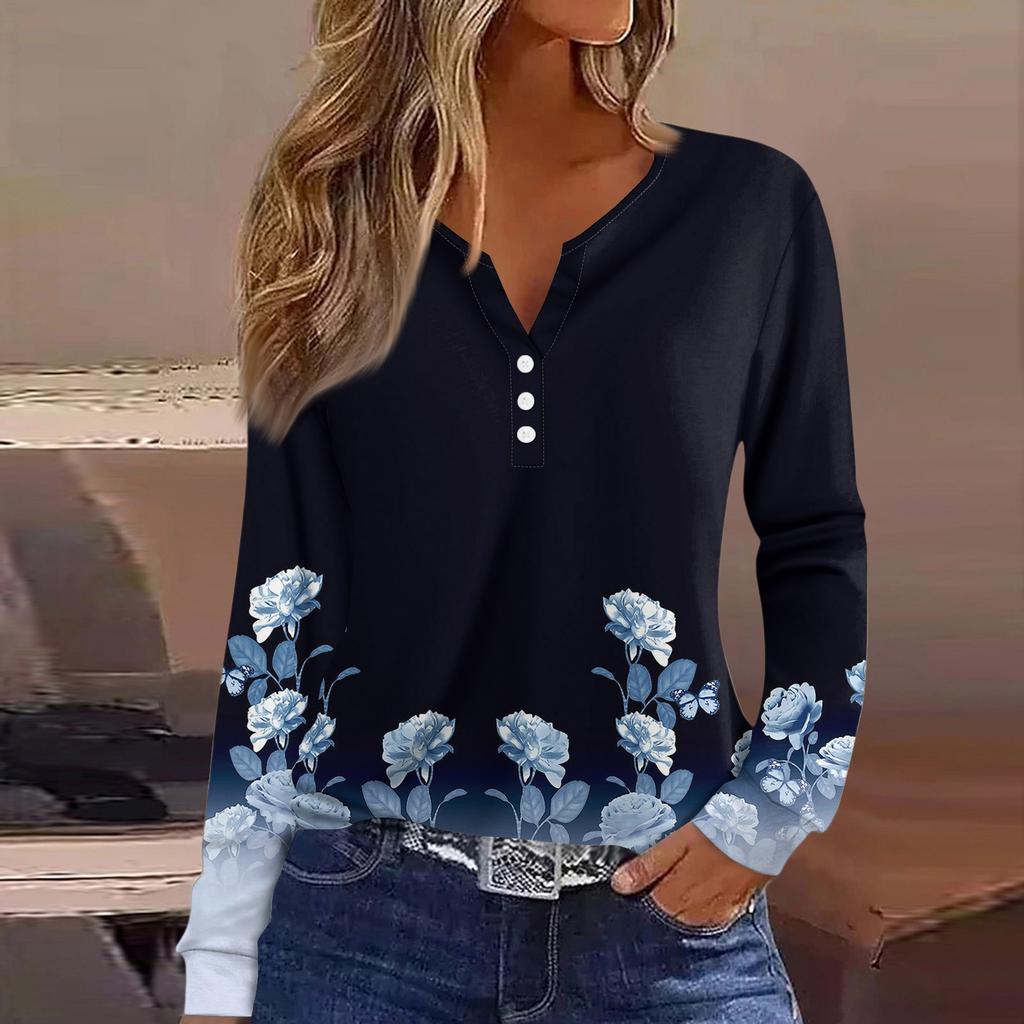 Women's T Shirt Tee Button Long Sleeve Daily Weekend Fashion Basic V- Neck Regular Top