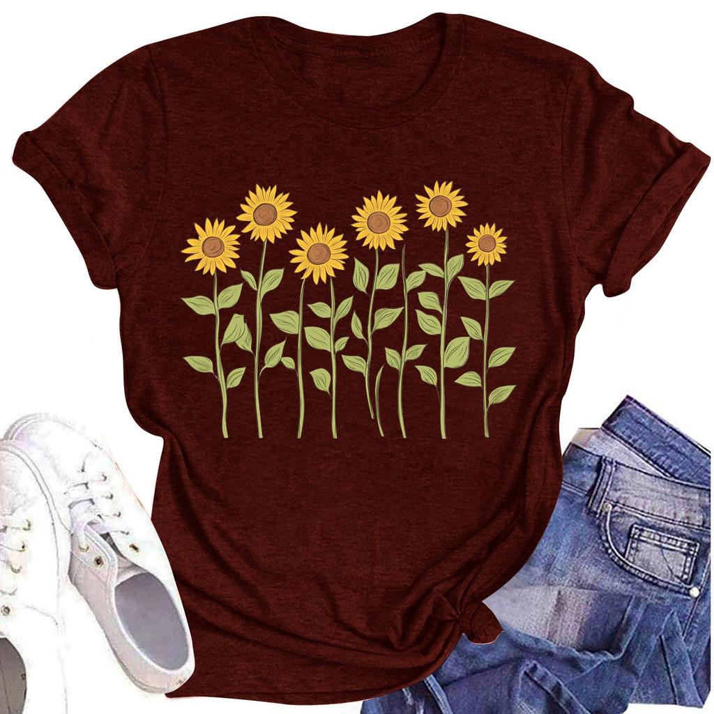 Женская повседневная футболка с круглым вырезом и цветочным принтом, короткий рукав