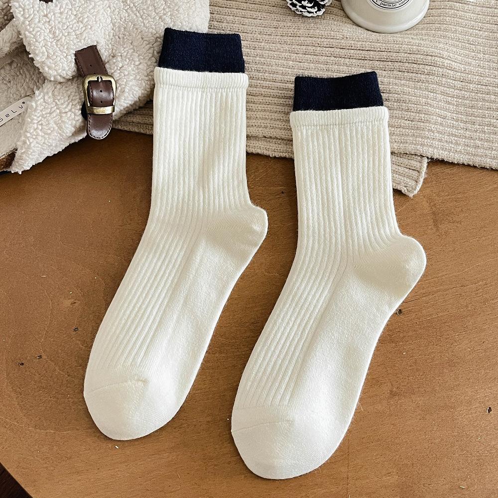 Autumn And Winter Warm Stacking Socks Children Vertical Pattern Thin Double Luo Mouth Medium Tube Calf Socks Ins Tide Breathable Boneless Cotton Socks