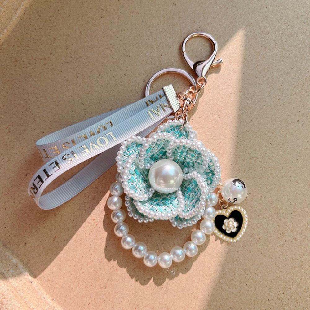 Korean Camellia Flower Keychain Letter Bag Hanging Pendant Fashion Car Key Ring  Girl