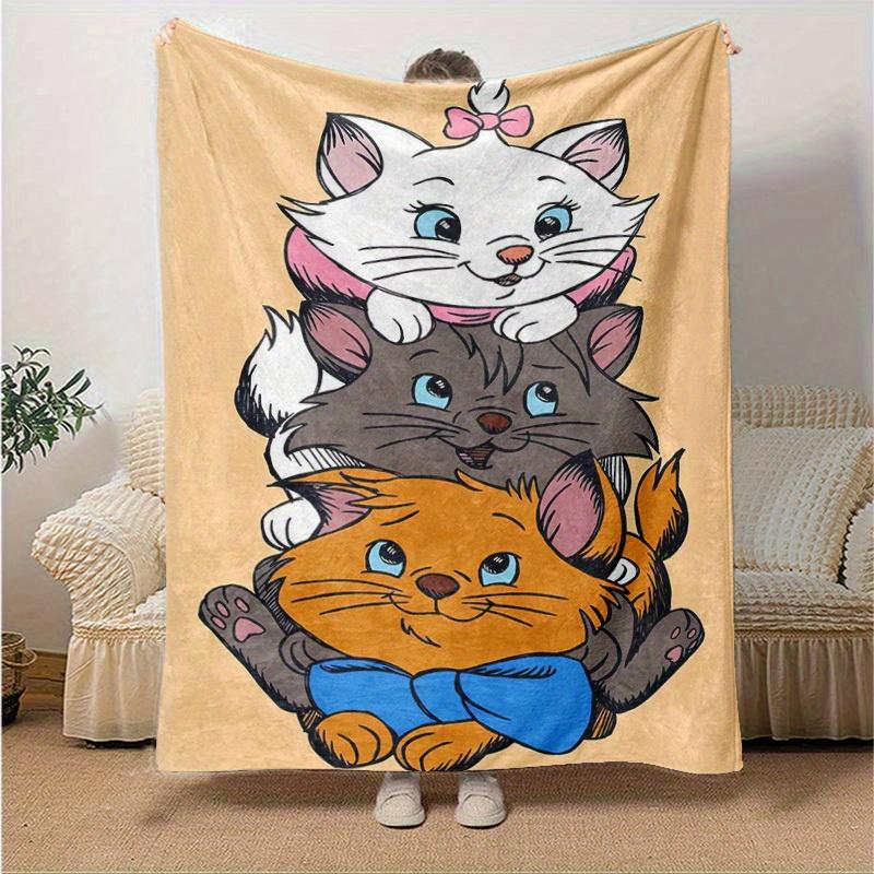 1pc Cartoon Cat Blanket Cute Kitten Throw Blankets for Room Decor, Soft Flannel Throw Blanket, Versatile & Cozy for Bedroom, Gift Home Textile All Sea