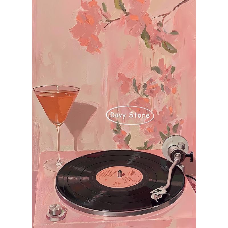 Винтажный проигрыватель кассетный магнитофон музыкальный постер эклектичный розовый принт на стену ретро холст картина бар домашний декор эстетика