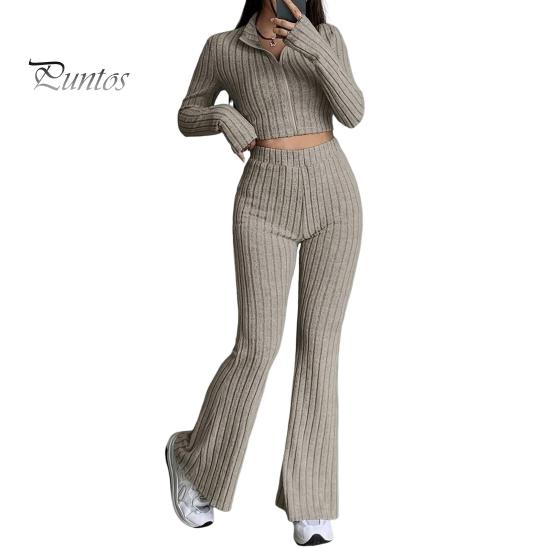 2 шт./комплект женский весенний наряд для поездок на работу топ расклешенные брюки комплект застежка-молния воротник стойка пальто высокая талия спортивный костюм эластичная повседневная одежда