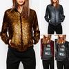Женское пальто-бомбер с блестками, куртка-бомбер с длинным рукавом на молнии, уличная одежда, повседневная свободная блестящая верхняя одежда