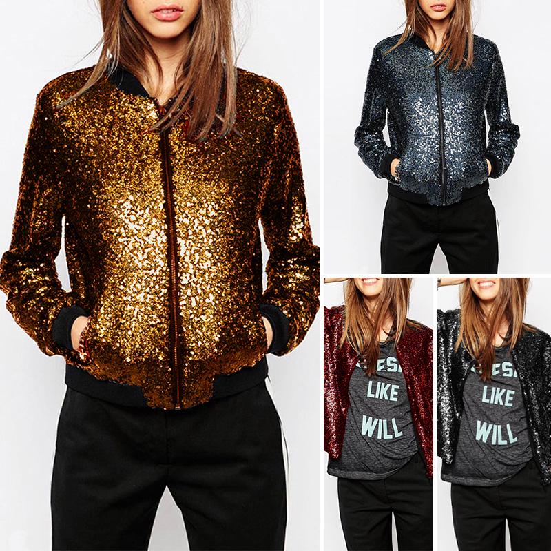 Женское пальто-бомбер с блестками, куртка-бомбер с длинным рукавом на молнии, уличная одежда, повседневная свободная блестящая верхняя одежда
