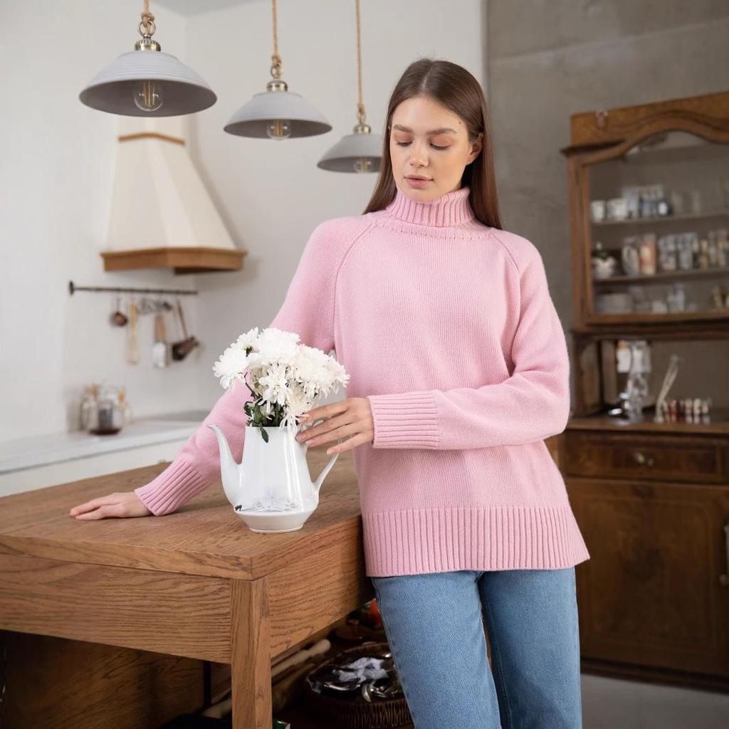 Повседневный трикотажный свитер с длинным рукавом и высоким воротом - Однотонный и удобной посадки