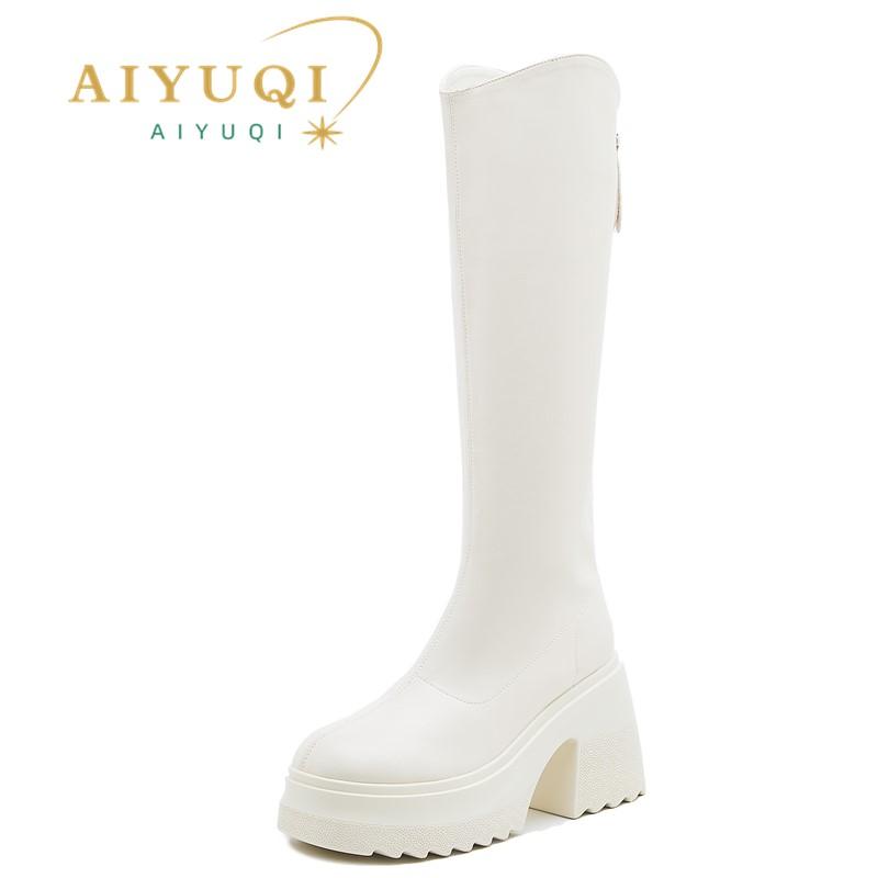 Модная обувь AIYUQI Ботильоны на высоком каблуке Женские Осень 2025 Новые Натуральная кожа Платформа Ботильоны Женские Обтягивающие ногу Каблук 10 см Высокие Женские Ботинки для верховой езды