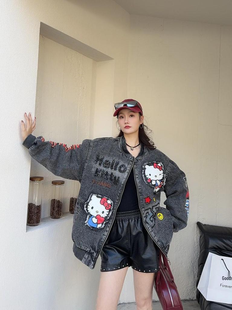 Женская модная европейская джинсовая парка со съемной подкладкой, мультяшной вышивкой и стеганой курткой в стиле бейсбольной