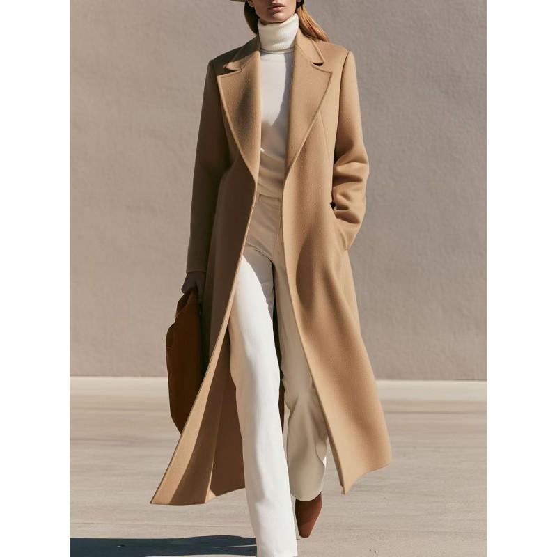 2026 Womens Long Wool Coat Elegant Open Back Woolen Jacket Daily Wear