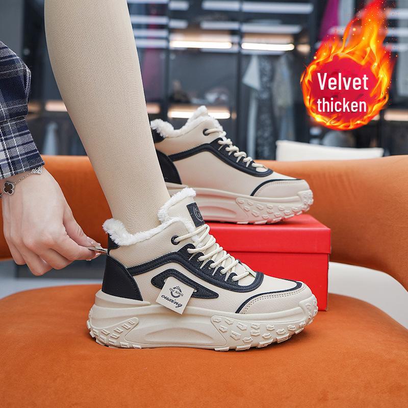 Теплые бархатные высокие спортивные повседневные женские туфли - нескользящая толстая подошва, зимний стиль 2023 года