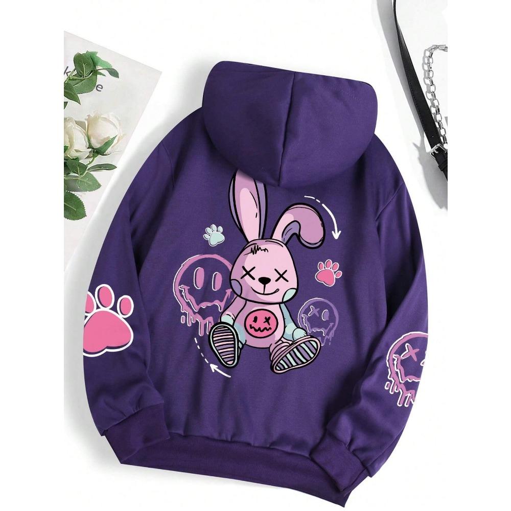 Casual Women's Hoodie Cartoon Pink Rabbit Cute Printed Pullover Autumn Clothing
