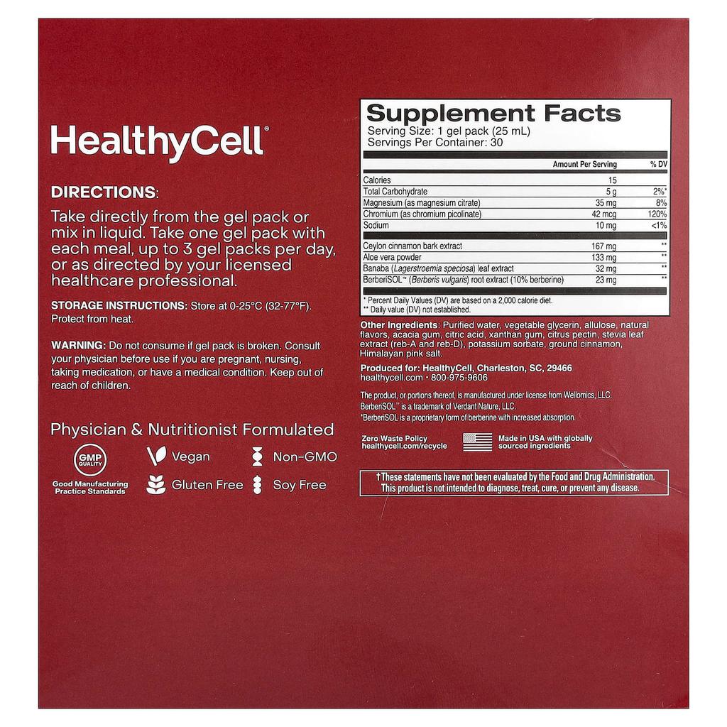 HealthyCell, Glucose Support, Apple Cinnamon, 30 Gel Packs, 25ml (0.84 fl oz)