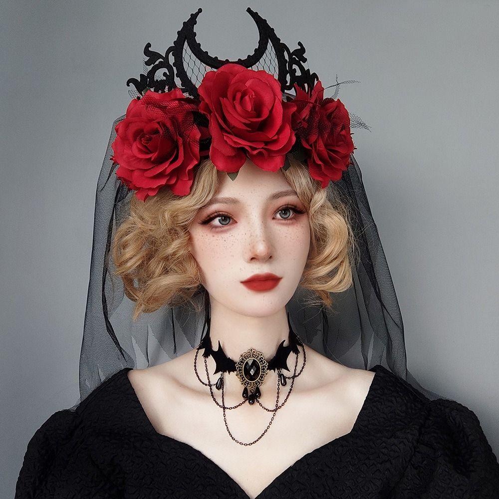 Black Veil Thorns Rose Crown Flower Spider Hat Sweet Gothic Hair Clip Girls