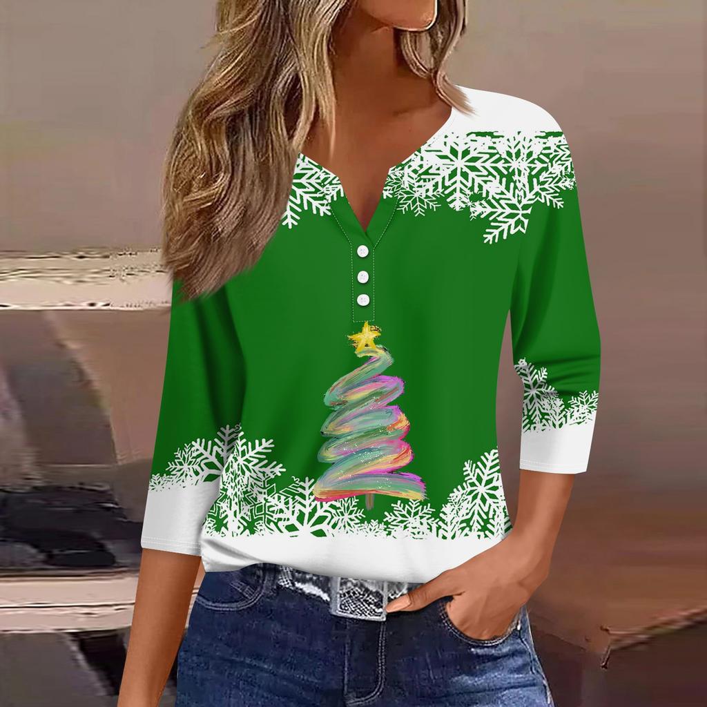 Жен. Футболка Футболка С принтом Пуговицы Рукав 3/4 Повседневные Выходные Мода Классический Классический V-образный вырез Обычный Верх