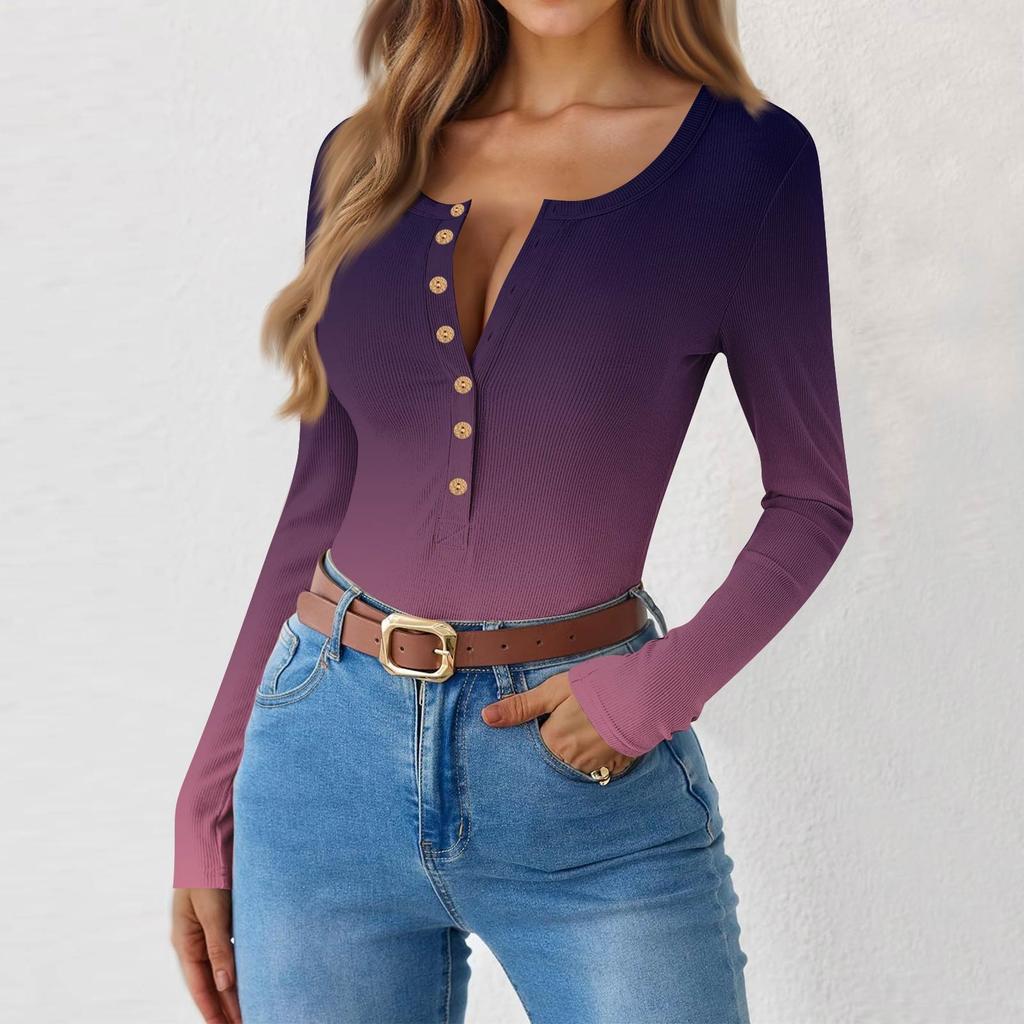 Женская и зимняя футболка с тонким низом, модная повседневная футболка с градиентным принтом и круглым вырезом, пуловер с длинным рукавом