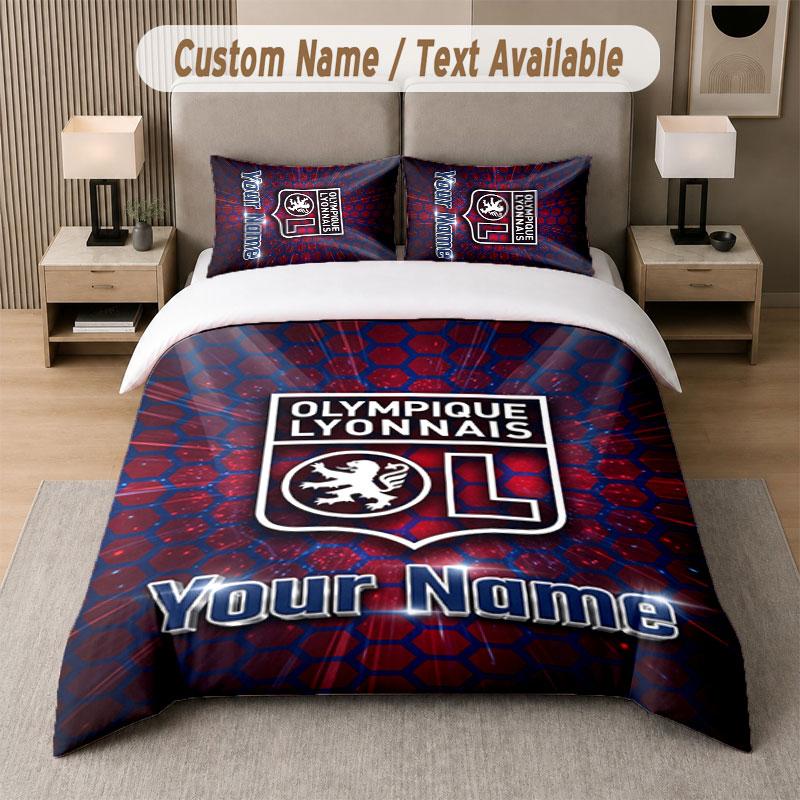 Custom Bedding Set Lyon FC Pattern, Print Name Text 1 Duvet Cover plus 2 Pillowcases Home Textile