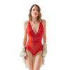 Red Stud Lace Transparent Back Cross String Bodysuit
