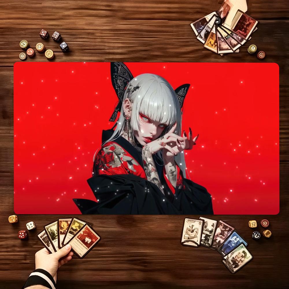 Red Black Anime Geisha Girl Art Large Game Playmat Non Slip Rubber Table Mat Stitched Edge For Card Game Desk Laptop Gaming