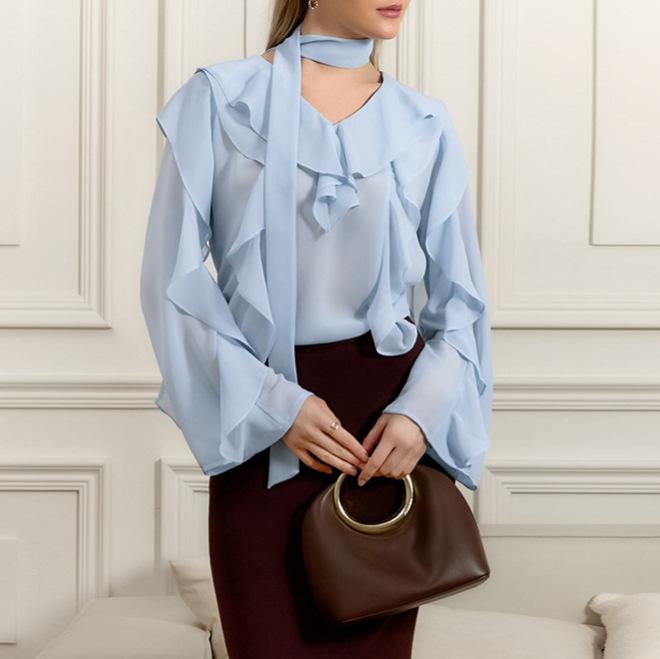 1116 spring and summer new product comfortable V-neck ruffle edge long-sleeved loose shirt European and American design sense commuter versatile top
