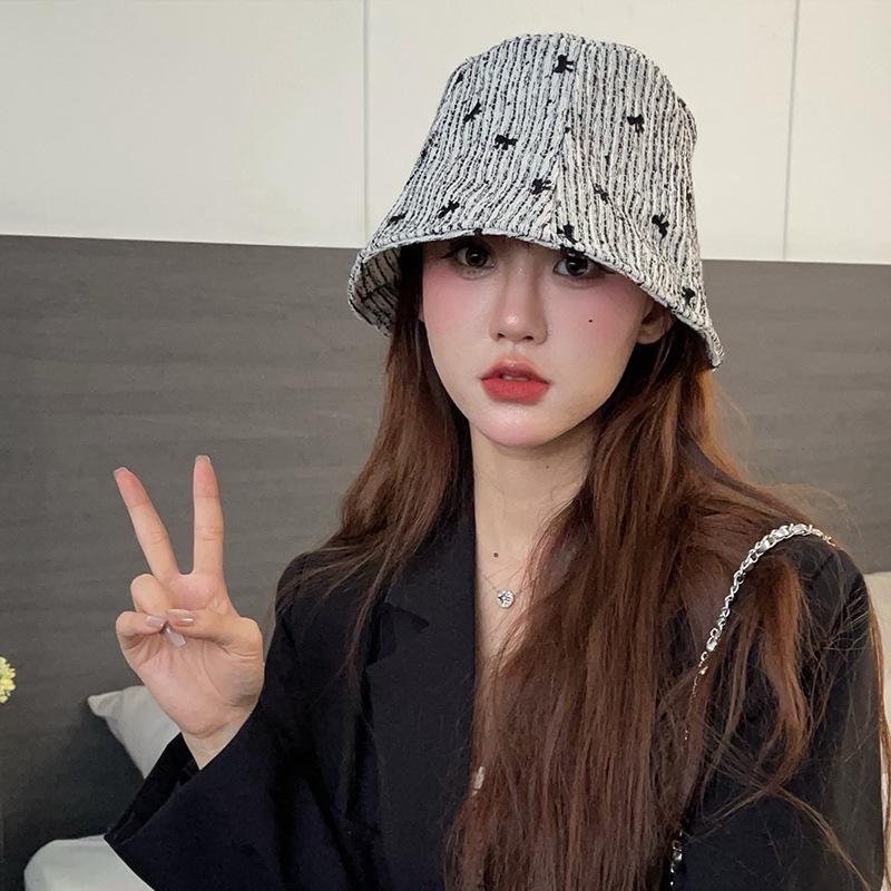 New Butterfly Hat for Women's Small Fragrance Style Bucket Hat Korean Version Versatile Fisherman Hat Striped Basin Hat Showing Small Face