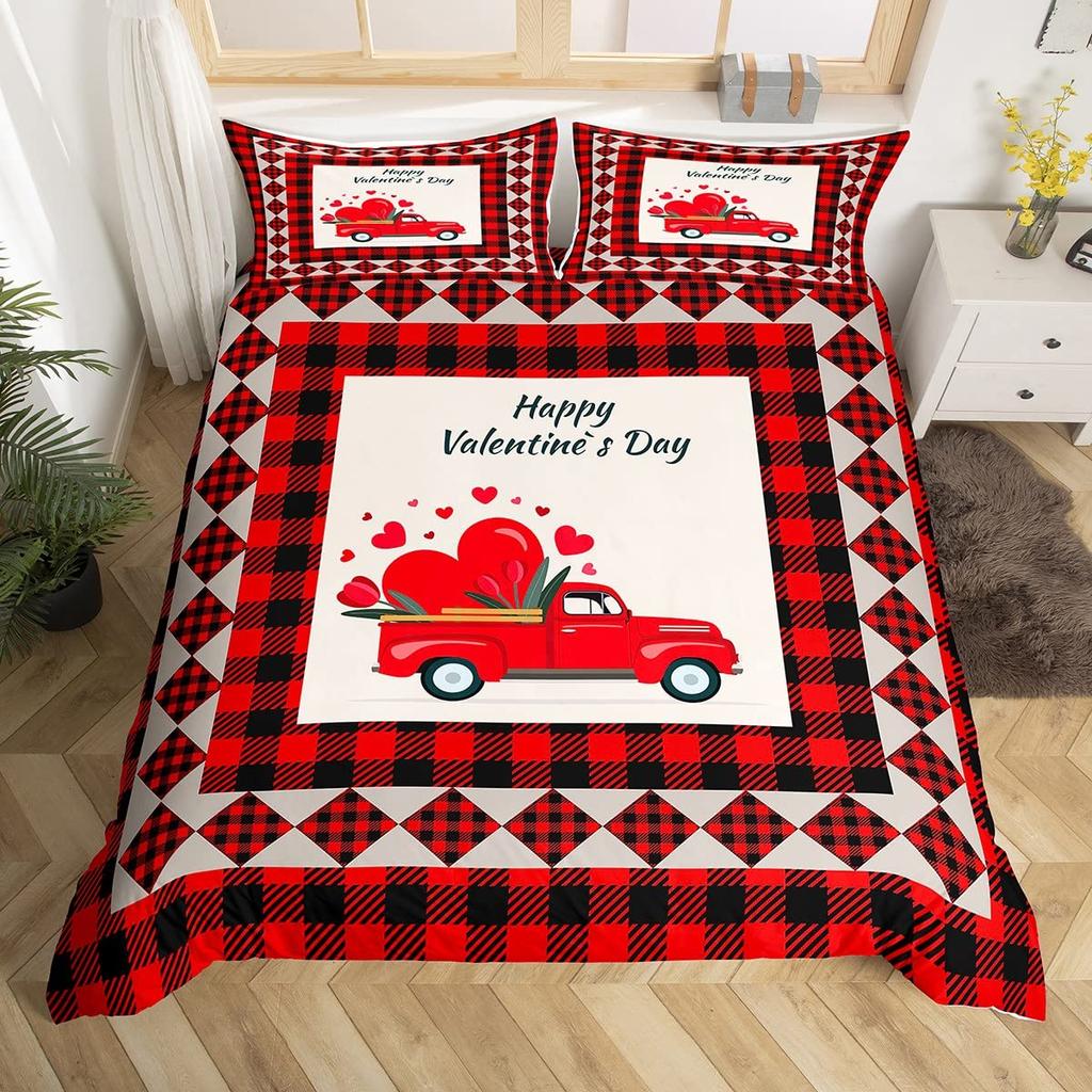 Комплект пододеяльника на День святого Валентина размера кинг, Постельное белье с красным грузовиком, сердцем и деревом, Пододеяльник с розовыми цветами и прицепом, Романтические подарки
