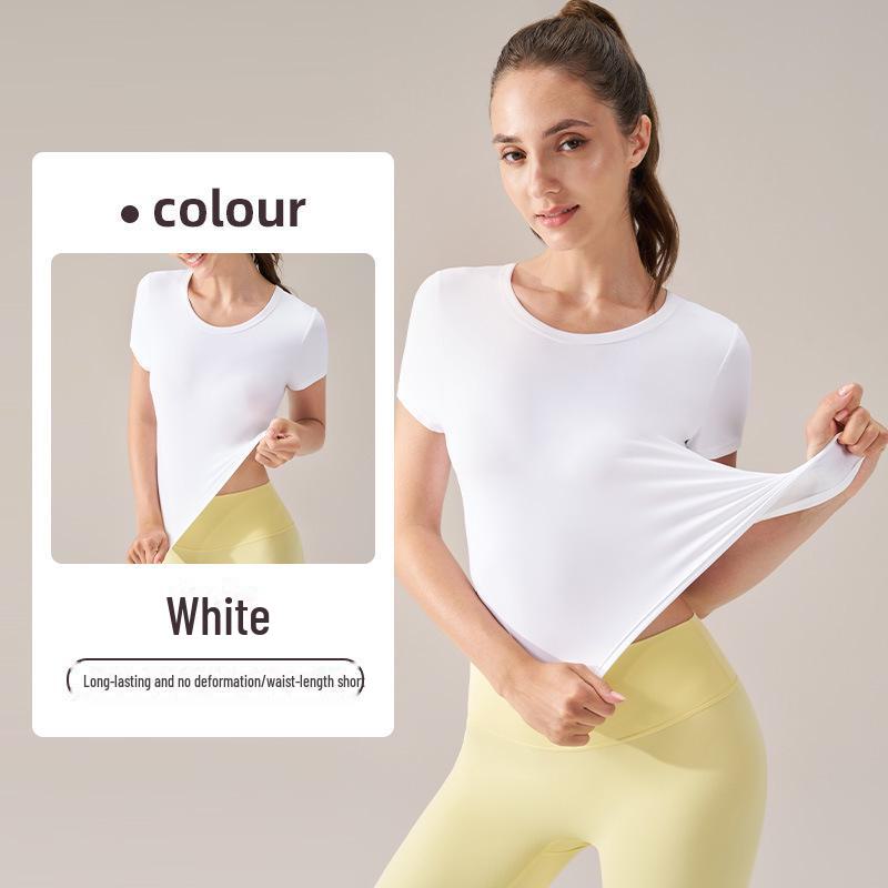 Женские летние топы для йоги из лайкры с круглым вырезом и коротким рукавом — высокая эластичность, удобная посадка для фитнеса и спорта.