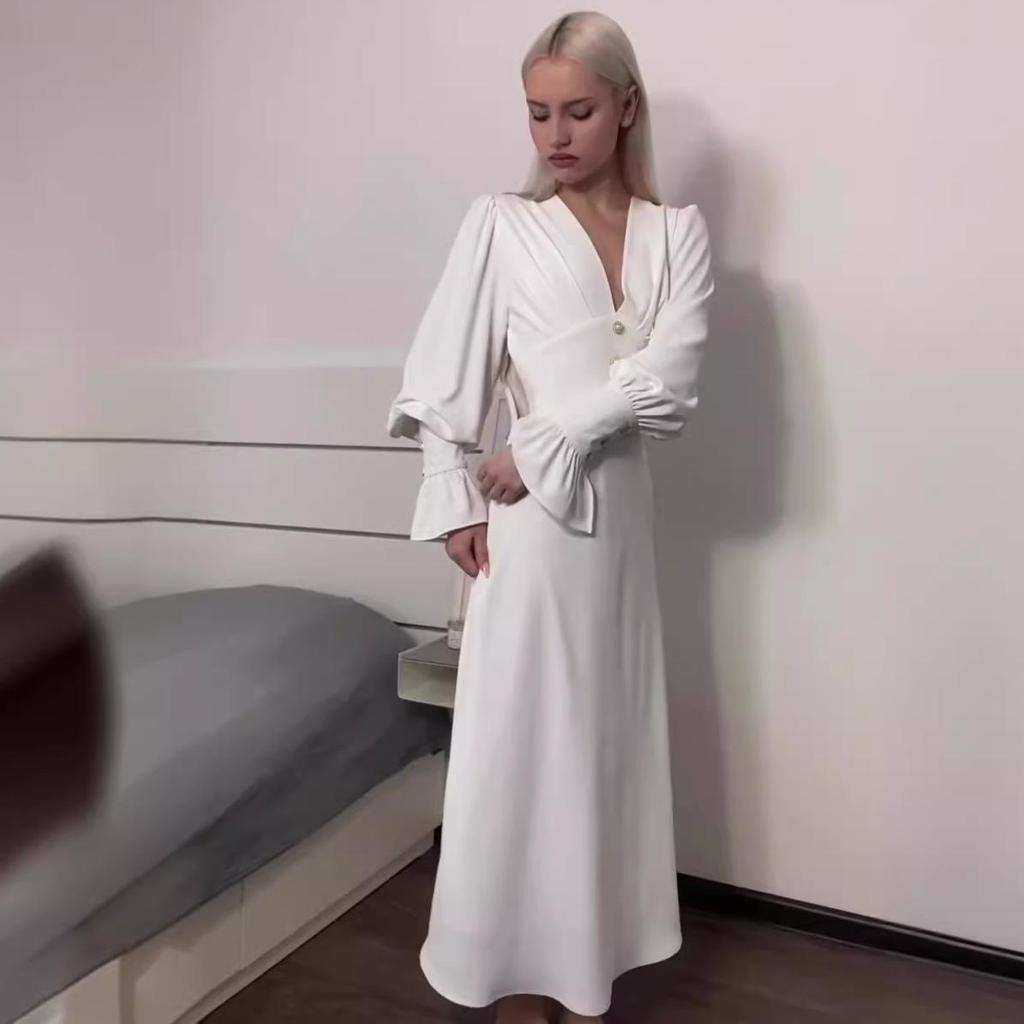 2024 Осень Женское Однотонное Элегантное Платье с V-образным Вырезом, Поясом на Талии, Приталенное, с Длинным Рукавом