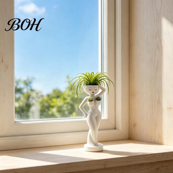Layered Green Plant Landscape Pot Funny Female Figure Planter with Drainage Holes, Elegant Lady Flower for Small Windowsill Succulents, Lazy