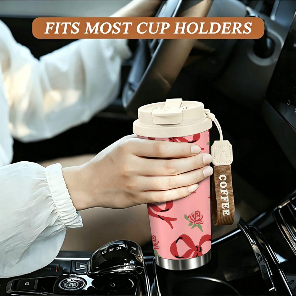 Coquette Aesthetic Red Bow and Rose Pattern Stainless Steel Insulated Coffee Tumbler, Vacuum Travel Mug for Hot Cold Drinks Office