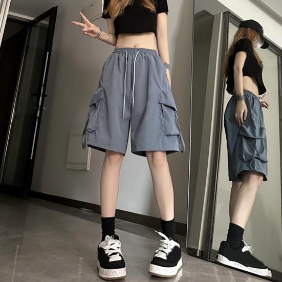 Летние шорты-карго, женские широкие шорты, уличные, с высокой талией, мешковатые короткие брюки, быстросохнущие, прямые брюки длиной пять четвертей