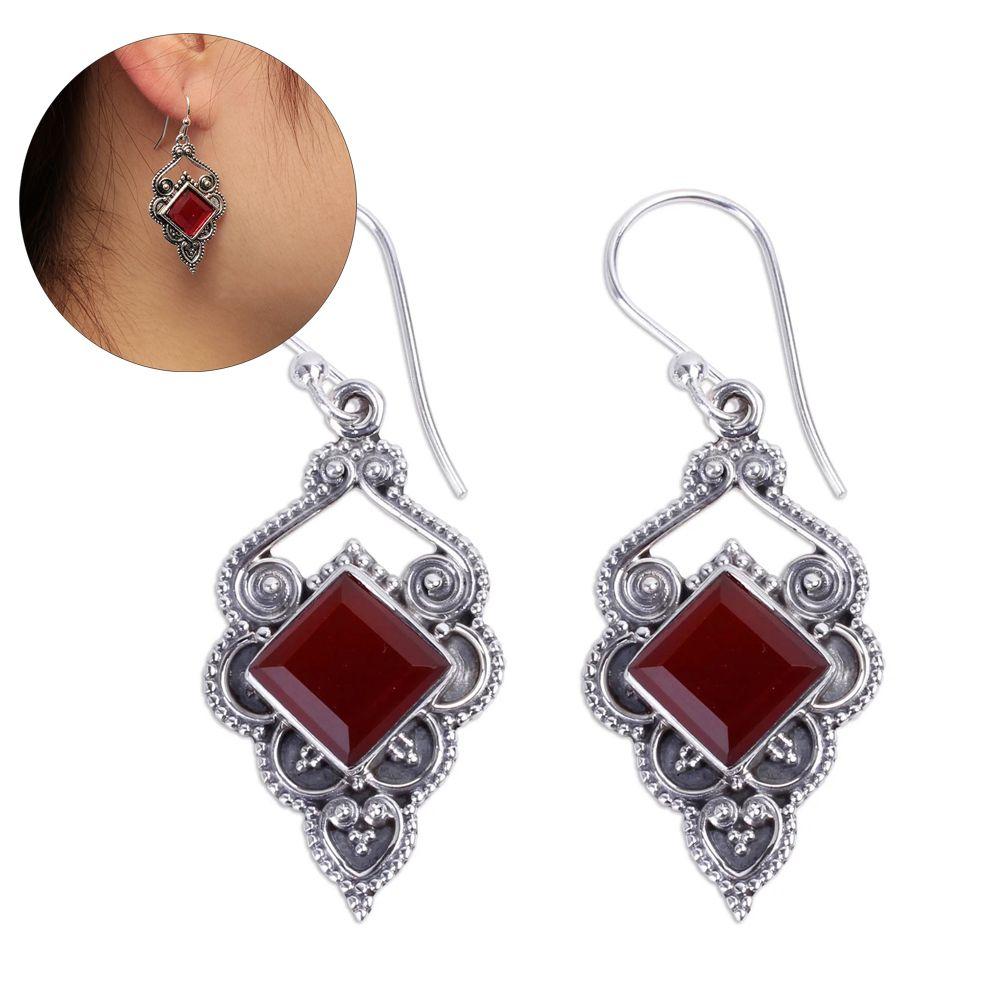 Vintage Hook Chic Engagement Wedding Jewelry Red Agate Earrings Ruby Ear Stud Dangle Gemstone