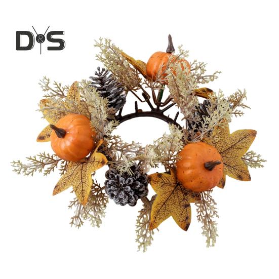 Thanksgiving Artificial Wreath Candle Ring Maple Leaf Pumpkin Pinecone Candle Holder Garland Harvest Festival Table Centerpiece Decoration