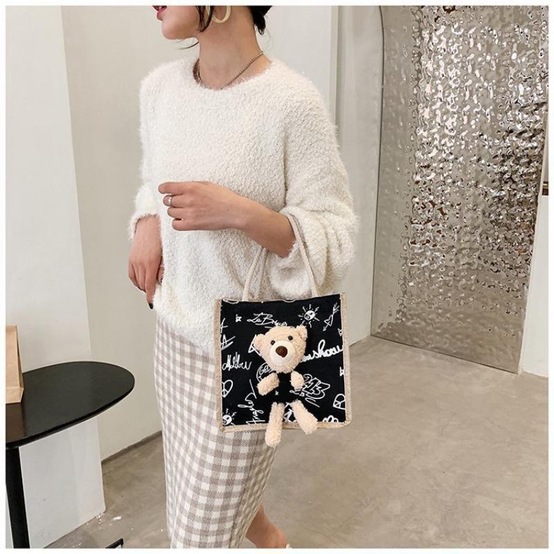 Simple Fashion Cute Bear Handbag Cartoon Canvas Bag Portable Fabric
