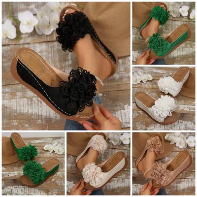 Пляжные шлепанцы на танкетке большого размера с цветком для женщин – Удобные летние сандалии с открытым носком