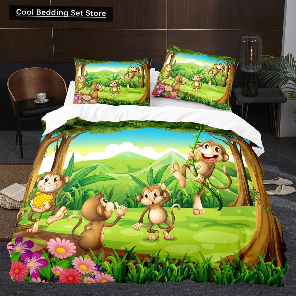 Пододеяльник с обезьяной King Queen, милый комплект постельного белья с изображением животных из мультфильмов для детей, мальчиков и девочек, зеленый, с изображением деревьев джунглей, 2/3 шт., полиэстер, пододеяльник