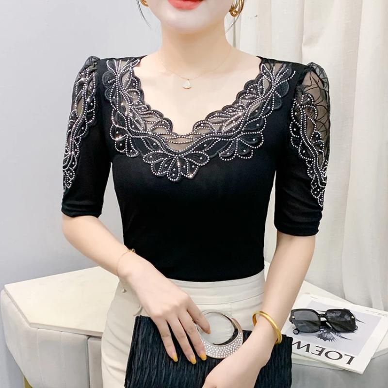 New Summer Luxury Shiny Hot Diamonds Women's Embroidery Flower T-Shirt Elegant V-Neck Lace Patchwork Tops Female Transparent Mid-Sleeve Tees