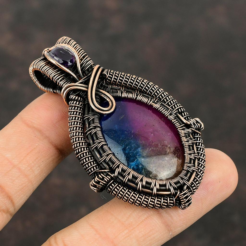 Rainbow Solar Quartz Druzy Pendant Copper Wire Wrapped Gemstone Pendant African Amethyst Pendant Copper Jewelry For Gift Handmade Pendants