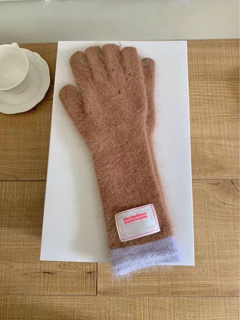 Women's Korean Style Colorblock Wool Long Gloves - Warm, Windproof, Five-Finger Design for Winter Cycling