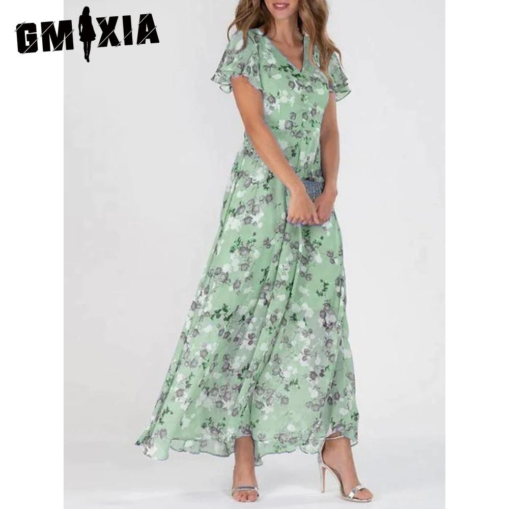 GMXIA 6-цветное платье макси с V-образным вырезом и оборками, короткие рукава, приталенная талия, высокая талия, струящийся подол, милое цветочное шифоновое платье, женская одежда