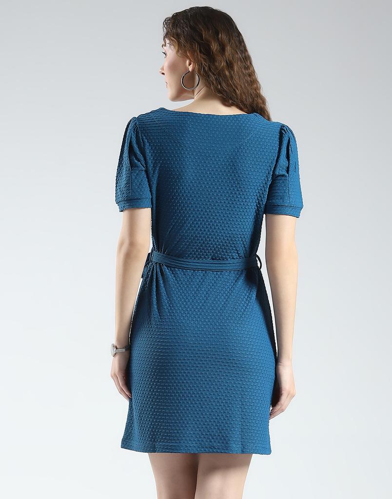 MONTE CARLO Women's Blue Round Neck Half Sleeve Dress