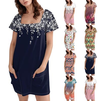 Женская модная юбка с квадратным воротником и коротким рукавом, повседневное платье с цветочным принтом и карманом