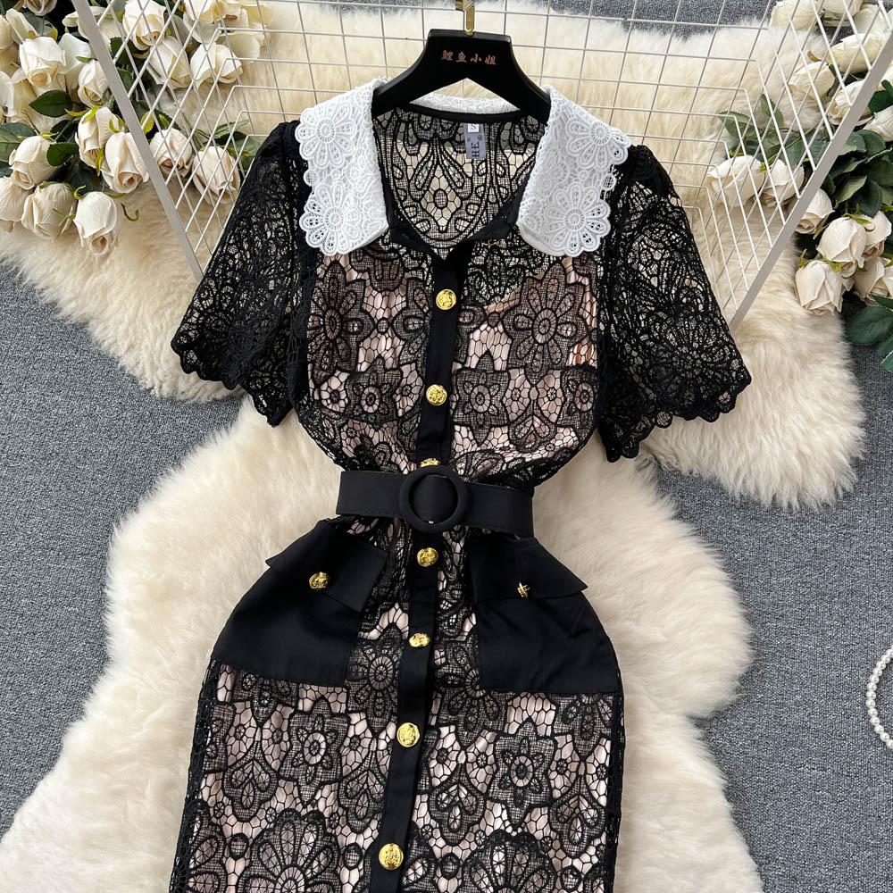 Высокое качество, женское длинное платье миди с вышивкой, летнее платье с лацканами и короткими рукавами, винтажное женское офисное кружевное платье-карандаш