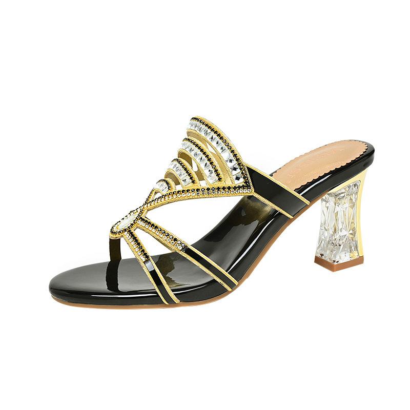 Мода Новые модные летние сандалии женские сандалии с бриллиантами тапочки на высоком каблуке нескользящие банкетные туфли дышащие бриллиантовые пляжные туфли