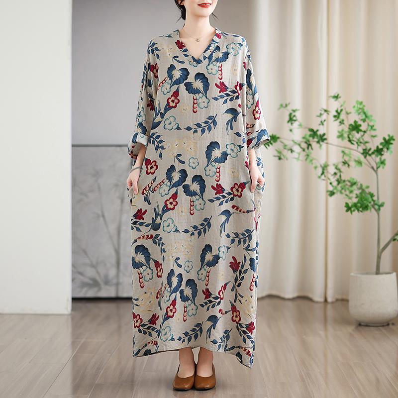 DIMANAF 2025 Женское длинное платье больших размеров на весну Свободное платье с цветочным принтом Базовое повседневное макси-платье для праздника Винтаж