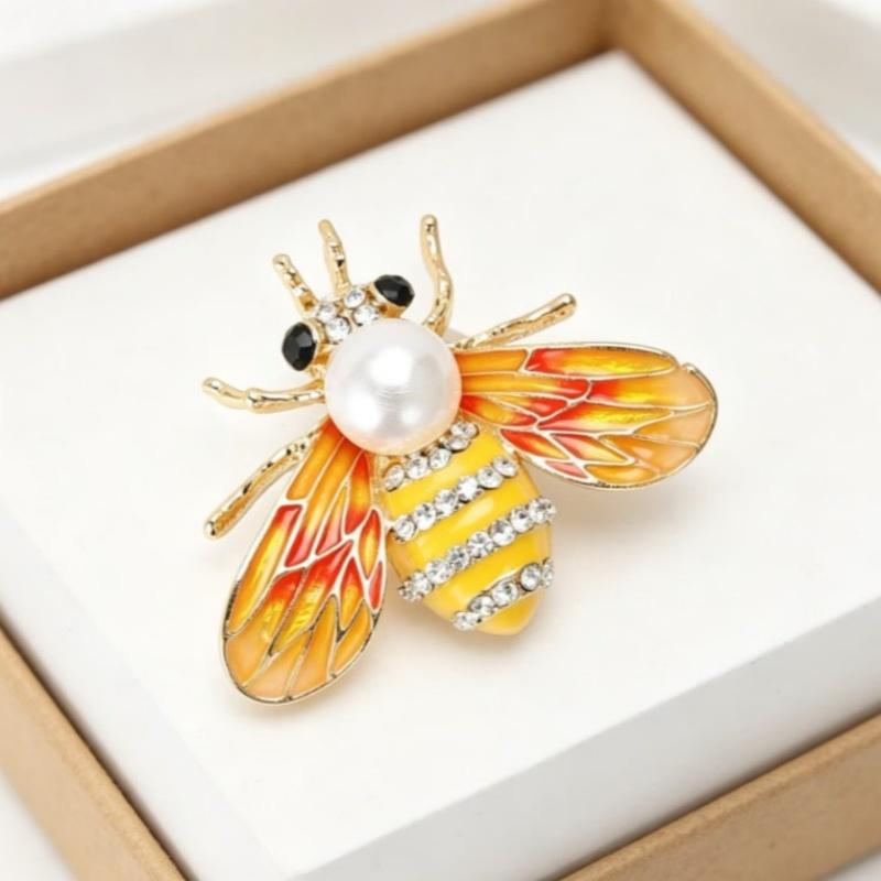 Fashion Enamel Honey Bee Brooch Shiny Rhinestone Faux Pearl Durable Alloy Pin for Coat Dress Scarf Gift for Girls