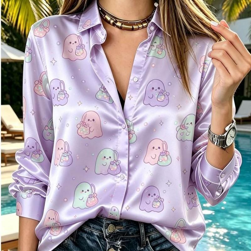 Women Satin Cute Cartoon Ghost Print Shirt Long Sleeve Lapel Button Down Blouse Halloween Vacation Casual Ladies Multi Color Top