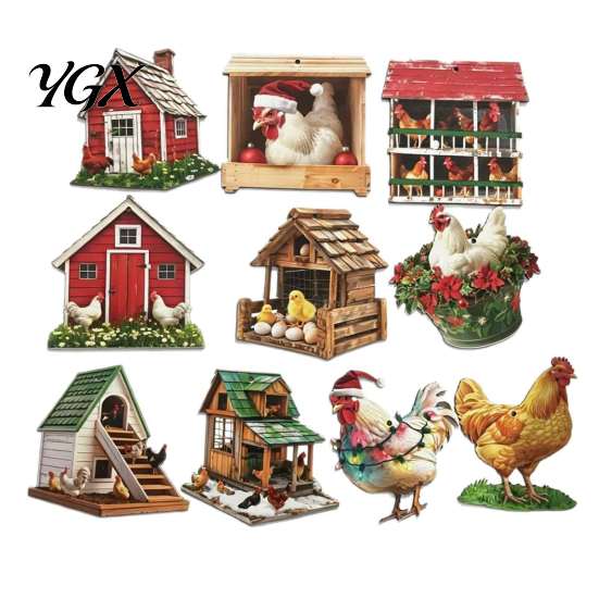 Pastoral Style Home Decor 10/20/30Pcs 2D Flat Farmhouse Chicken Wooden Hanging Ornament, Rooster Hen Coop Barn Christmas Gift Embellishments